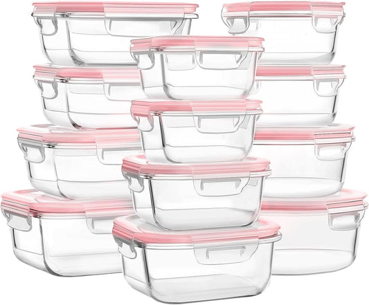 MUMUTOR Glass Food Storage Containers with Lids, [24 Piece] Glass Meal Prep Container, Airtight Bento Boxes, BPA Free & Leak Proof (12 lids & 12 Containers) - Pink