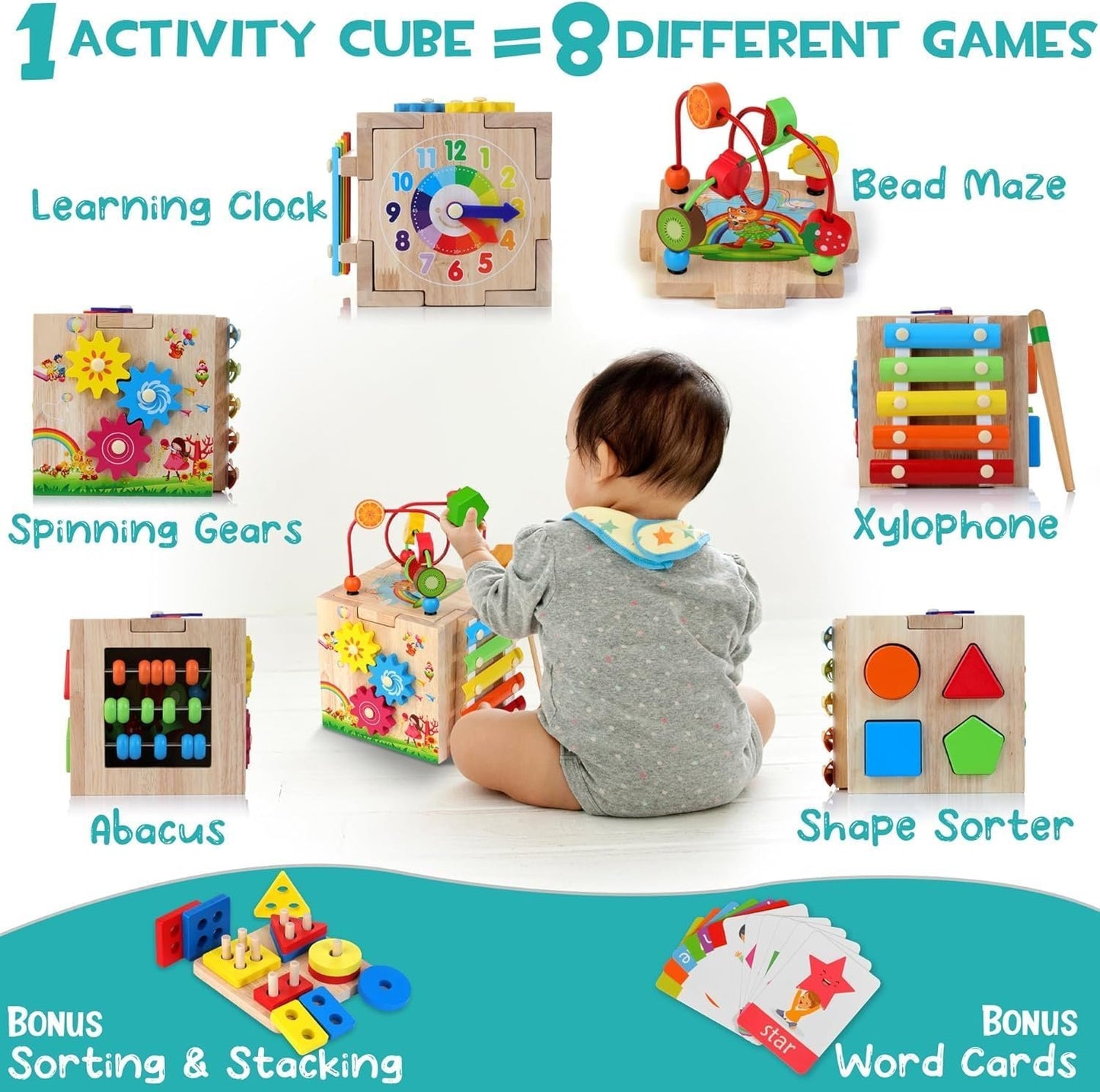 HELLOWOOD Wooden Activity Cube Baby Toys, 8-in-1 Montessori Educational Toy Set, Bead Maze Shape Sorter Abacus Xylophone Words & Clock Learning, STEM Toys for Boys Girls Toddlers Age 1 2 3