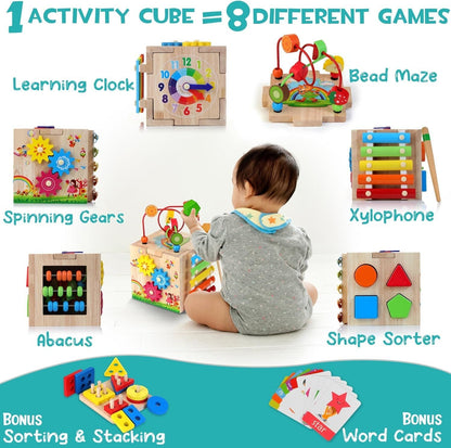 HELLOWOOD Wooden Activity Cube Baby Toys, 8-in-1 Montessori Educational Toy Set, Bead Maze Shape Sorter Abacus Xylophone Words & Clock Learning, STEM Toys for Boys Girls Toddlers Age 1 2 3