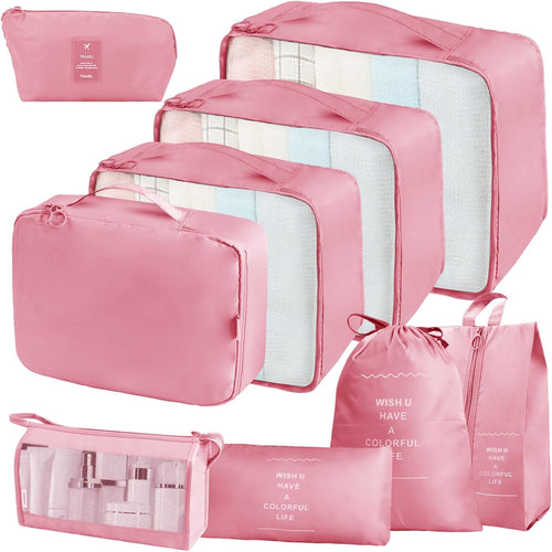 Neween 9PCS Packing Cubes for Suitcases, Travel Luggage Packing Organisers with Shoe Bag & Cosmetic Bag, Waterproof Travel Essential Cube Accessories Clothes Toiletries Storage Pouch (B-Pink)