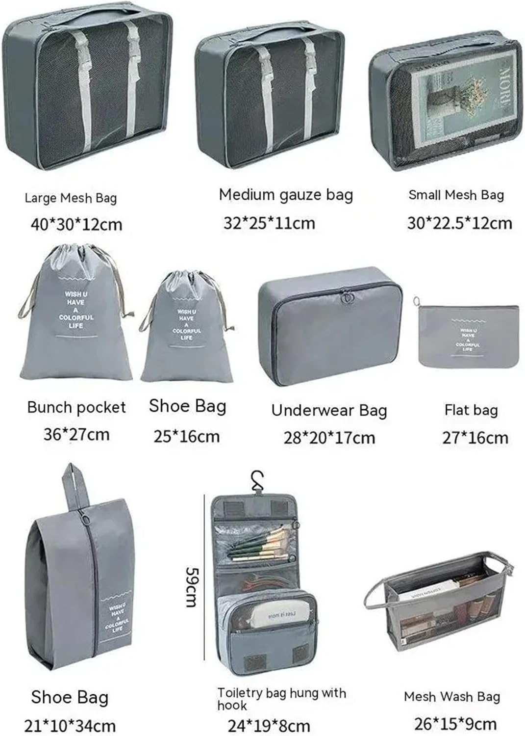 Janmobrian Organizer Valigia,Packing Cubes 7/10 PCS Set Travel Organizer Storage Bags Suitcase Packing Cubes Cases Portable Wardrobe Luggage Clothes Shoe Pouch Fold(7pcs Black)