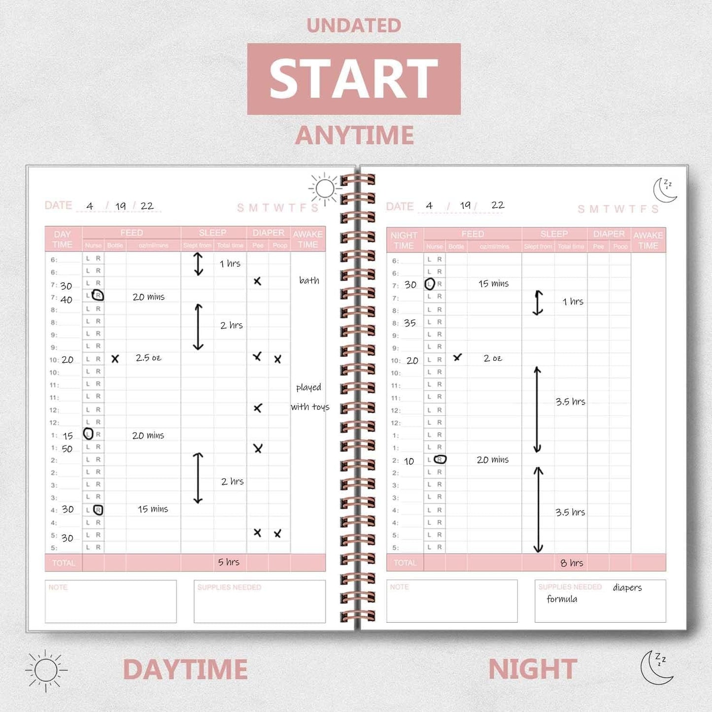 Baby's Daily Log Book - A5 Baby Care planner for Newborns, Schedule for Tracking Newborn's Daily Routine, 152 Easy to Fill Pages Track and Monitor Nursing, Sleep, Feeding, Diapers, Pumping - Pink