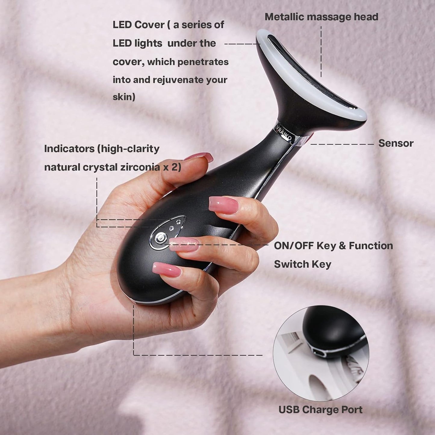 VRAIKO Lily Neck Face Massager, Face Sculpting Tool, Skin Rejuvenation Device with Thermal, Triple Action LED and Vibration, for Anti-Aging, Lifting and Tightening (Frosted Black)