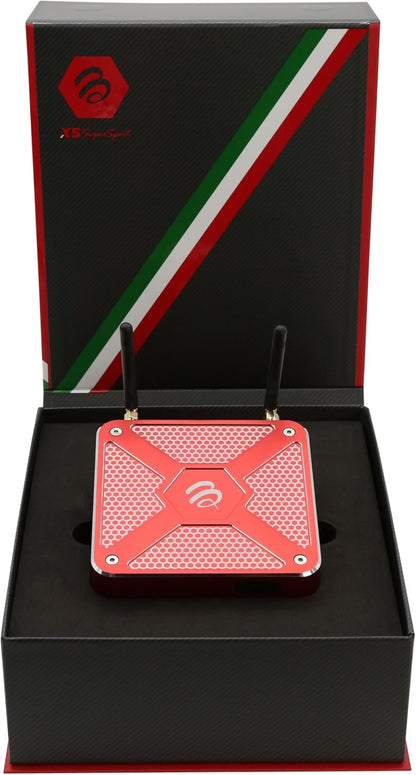 BuzzTV X5 SS Android 13 TV Box, 4GB DDR4 RAM, 128GB Storage, Scarlet Red Aluminum, Voice-Controlled Remote, Wireless AX, USB-C, Global Power Adapters