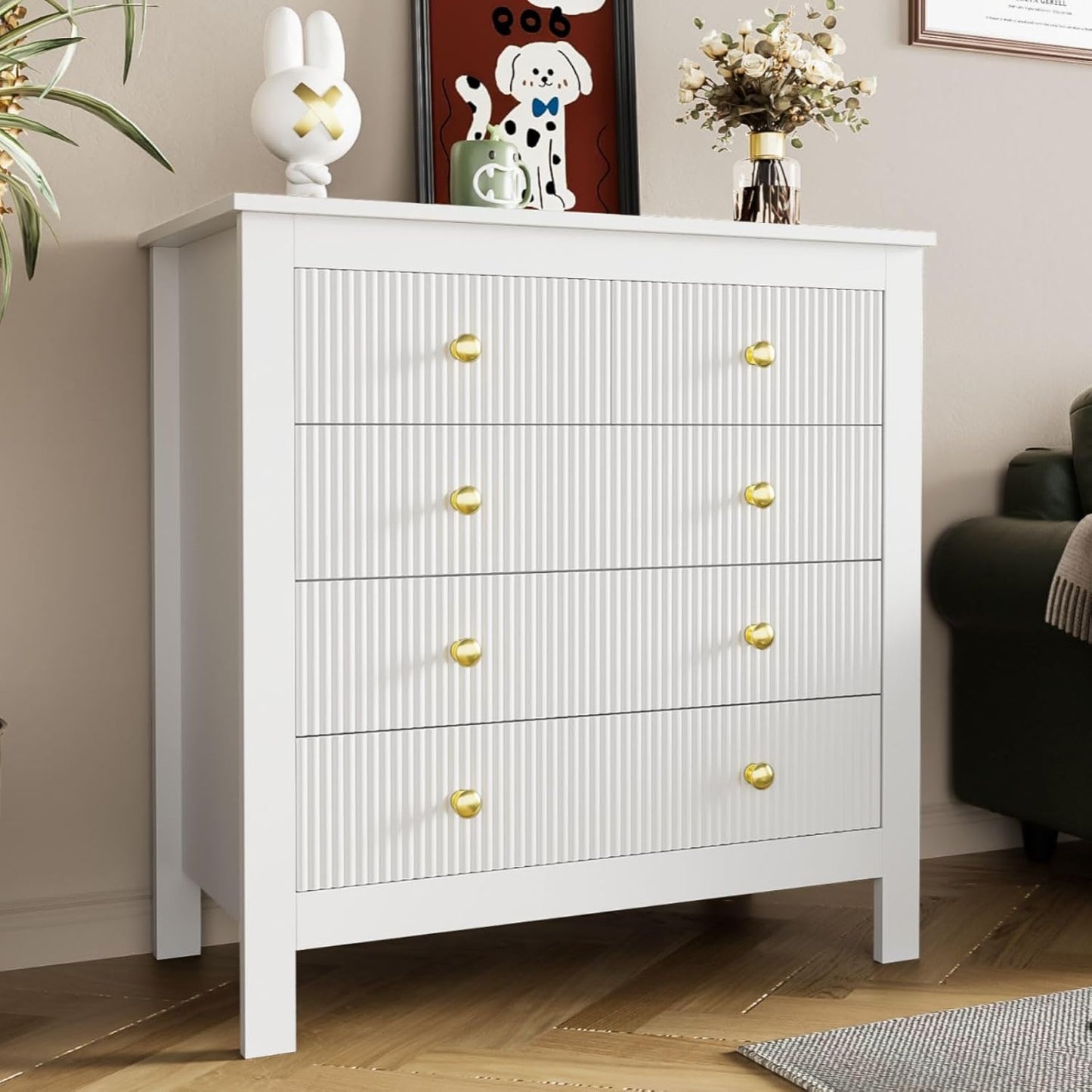 KOMHTOM Chest of Drawers for Living Room Bedroom White with 5 Drawers Wardrobe with Gold Handles Living Room Kitchen Bedroom Furniture White