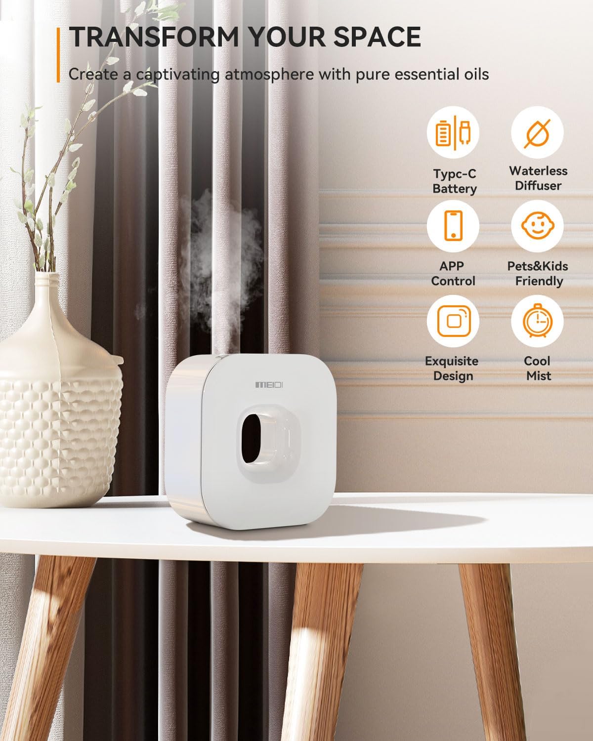 MEIDI Smart Scent Air Machine for Home - Waterless Essential Oil Diffuser with Cold Air Diffusion with App Control, Hotel Collection Diffuser, Waterless Essential Oil Diffuser, Hotel,Office, Spa