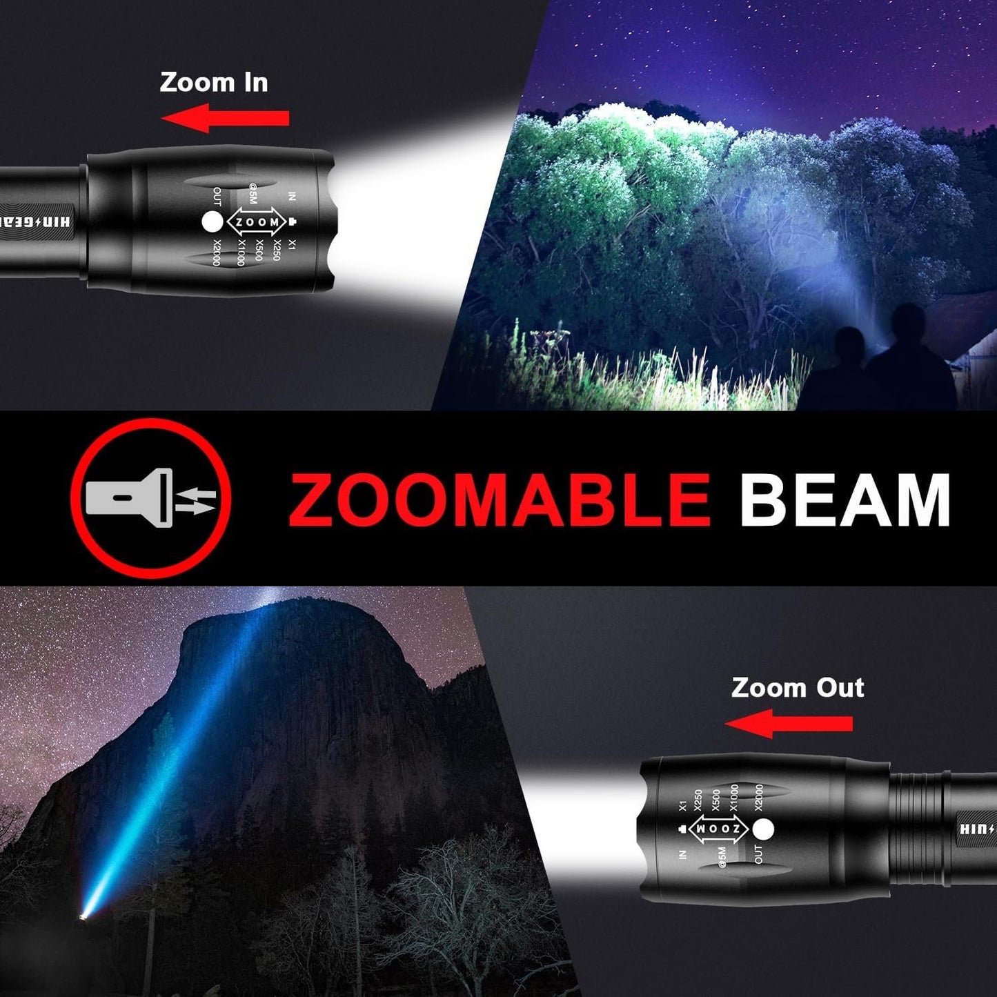 HinsGEAR 1 Mode Flashlights 4 Pack, Super Bright Zoomable LED Tactical Flashlight High Lumens, Water Resistant Portable Pocket Flash Light for Emergency, Camping, Home, and Gift - SL2000