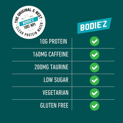 BODIE’Z Whey Protein Energy Drink - 10g Protein Powder Water with 200mg Taurine and 160mg Caffeine For Focus and Performance, Low Sugar Clear Protein Water, 500ml Lemon Lime 6 Pack
