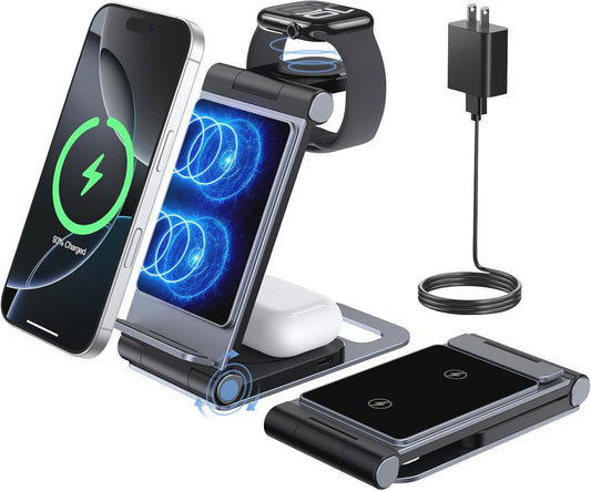 Bolvunes Wireless Charging Station, Foldable 3 in 1 Foldale Wireless Charger 15W, Travel Charger for iPhone 15/14/13/12/11/Pro Max XR XS 8 Plus, for Apple Watch9/8/7/SE,for AirPods 3 2Pro