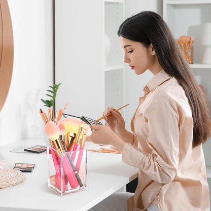 Prmape 6 Pieces Acrylic Pen Holder, Clear Make Up Brush Holder, Square Desk Pencil Holder for School Home Bathroom Office Desk Accessories