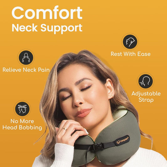 Cesperi® Travel Neck Pillow for Airplanes, Ergonomic Design, Airplane Neck Pillow with Memory Foam, Travel Essentials for Flights, Car Rides, and Home Rest, Adjustable Strap for Sizes (Avocado Green)