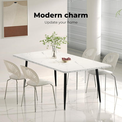 Levede Kitchen Dining Table Marbled White for 4-6 Seater, Rectangular Contemporary White Pattern Marble Top Dinner Tables with Tapered Steel Legs for Home/Kitchen/Cafe(150cm x 85cm x 75cm, White)