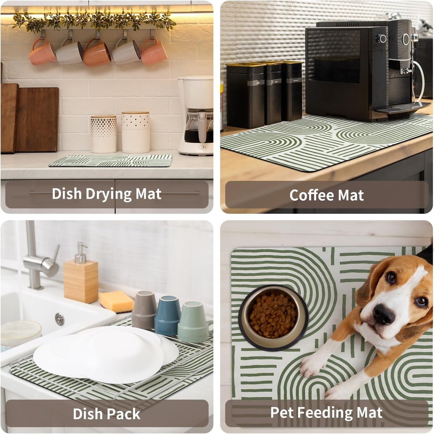 MontVoo-Absorbent Dish Drying Mat-Kitchen Counter Rubber Backed Water Absorbing Drying Mat-Hide Stain Under Dish Mat Quick Dry Coffee Mat-Green Line 12''x19''