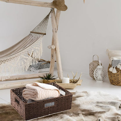 TOPZEA 2 Pack Large Rectangular Wicker Basket for Shelves, Kraft Paper Rope Woven Shelf Baske Storage Baskets with Handle, Decorative Closet Organizer Bins Organization for Home, Office, School