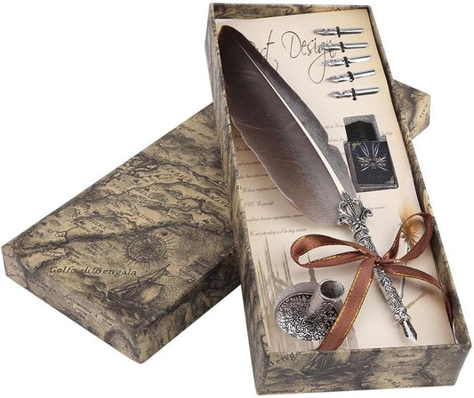 Feather Dip Pen, Retro Feather English Calligraphy Dip Quill Pen with 5 Alloy Nibs Writing Ink Set Stationery Gift Box for Friend, Teacher, Family(Black)