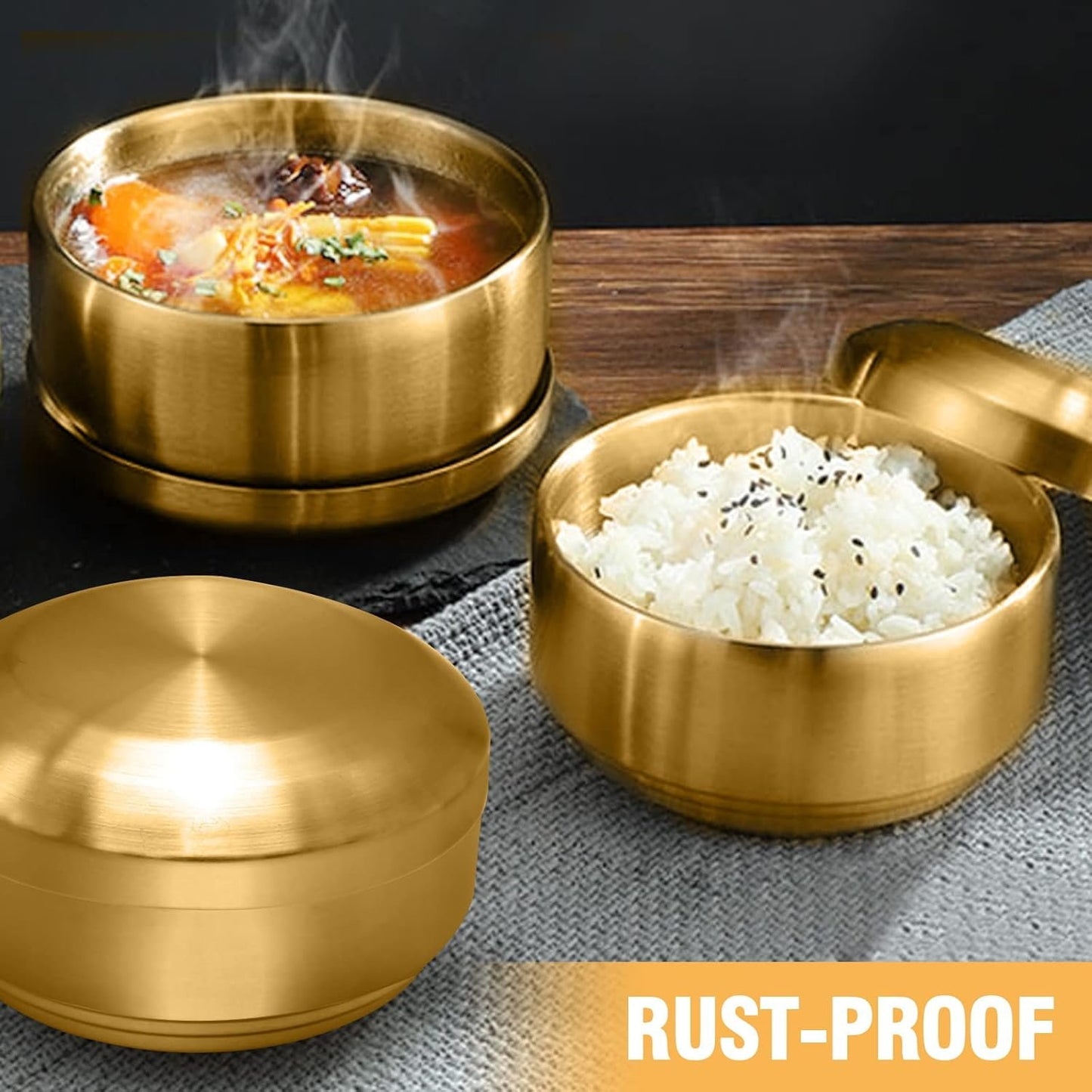Aynaxcol Stainless Steel Rice Bowl with Lid, Set of 2, for Korean Kitchen Restaurant, Double-walled Metal Bowls, Multi-Purpose Insulated Soup Bowls Snacks Bowls (11.5cm Gold)