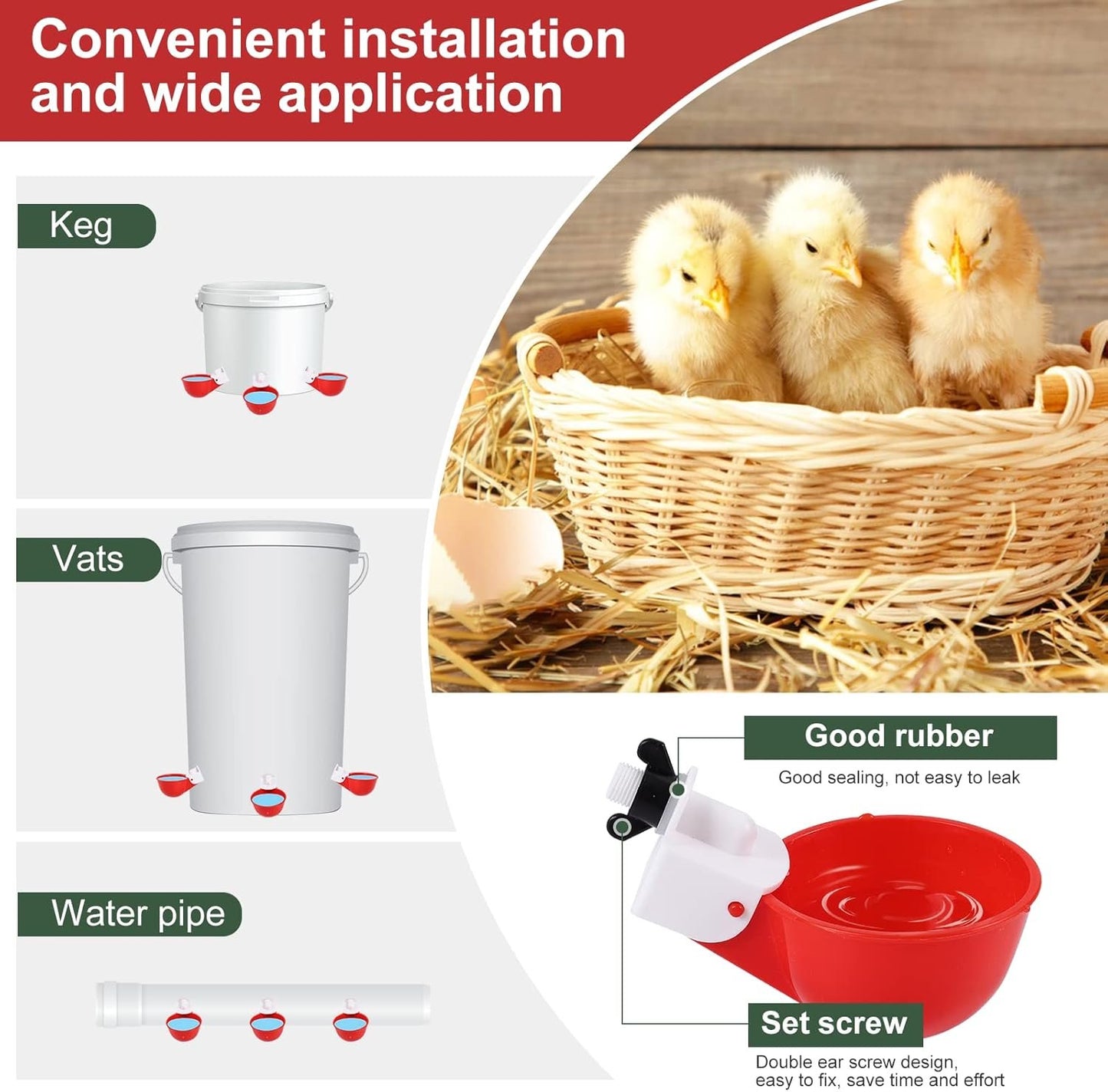 Psarnuk Chicken Waterer Cups (16 Pack/Red) - DIY Automatic Large Chicken Water Feeder for Ducks Quail and Various Poultry Dispenser with Matching Drill, Double Rubber Ring, Not Leaking Wate
