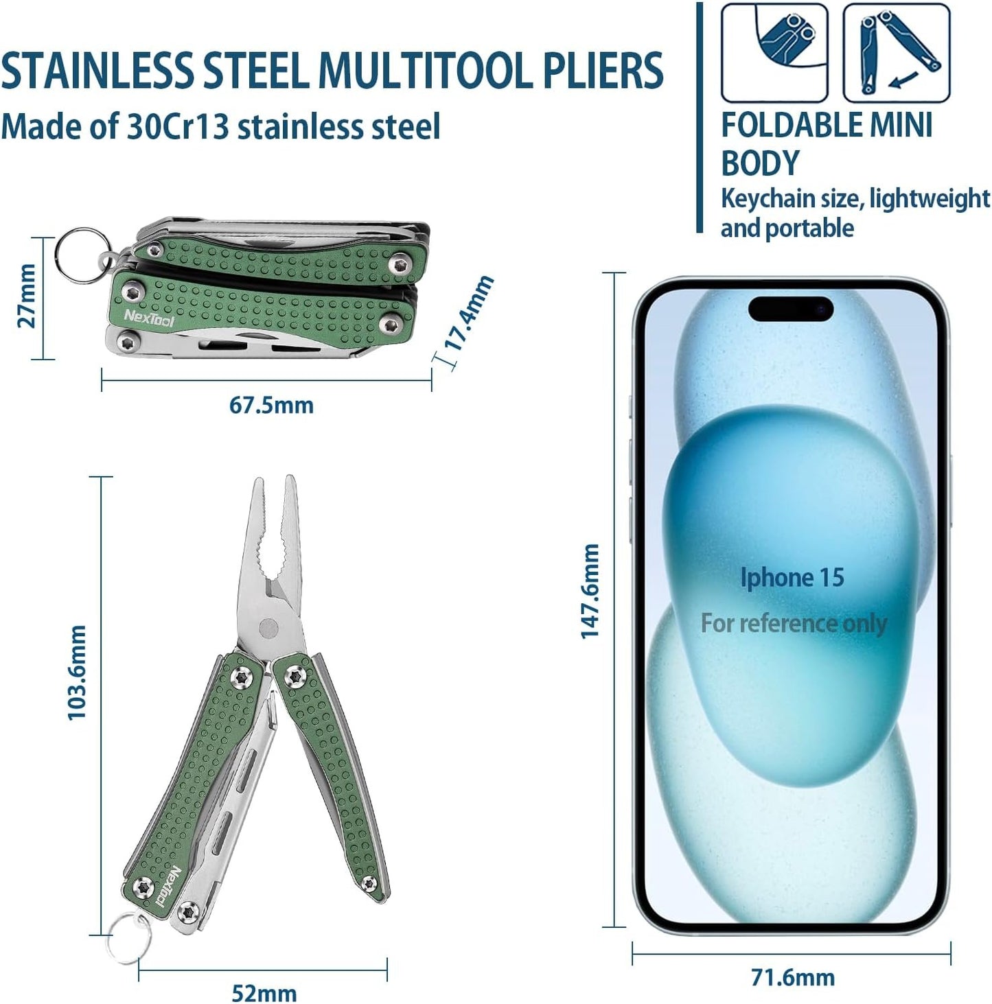 Nextool EDC Keychain Multitool, 10 in 1 Mini Pocket Knife Multi Tool with Needlenose Pliers, Scissors, Mini Useful Cool Gadgets for Men, Father's Day Gifts from Daughter-Green