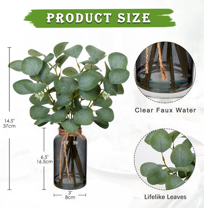DILATATA Artificial Eucalyptus Stems in Glass Vase with Faux Water, 14" Fake Plant Eucalyptus Leaves for Home Office Farmhouse Wedding Centerpiece Décor
