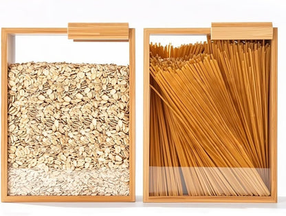 Blissify 2 Pack Bamboo Cereal Container, Clear Food Storage Container, Rice Dispenser, Kitchen Organiser for Cereal, Rice, Flour, Snack, Sugar, Nut, 75oz/2L