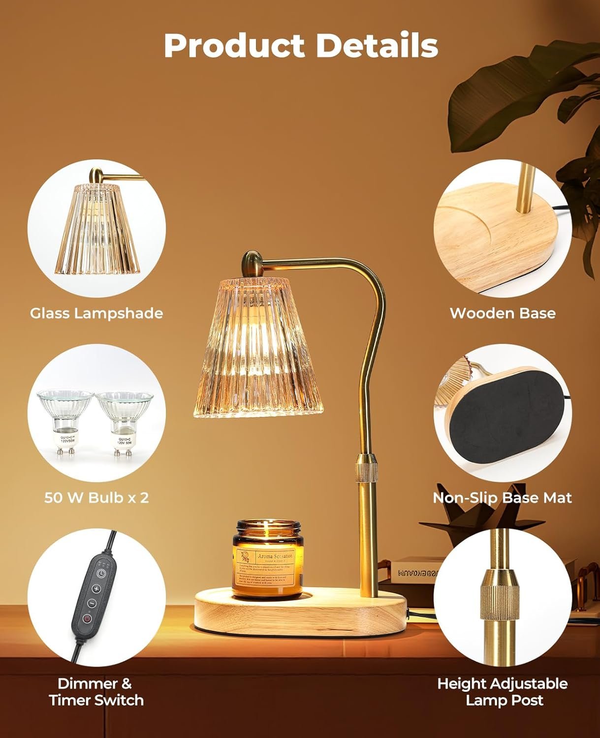 Candle Warmer Lamp, Candle Warmer with Timer and Dimmer, Adjustable Height, Electric Candles Lamps with 2 Bulbs for Scented Jar Candles, Wax Melter Lamp for Home Decor, Room Decor, Gifts for Women/Mom