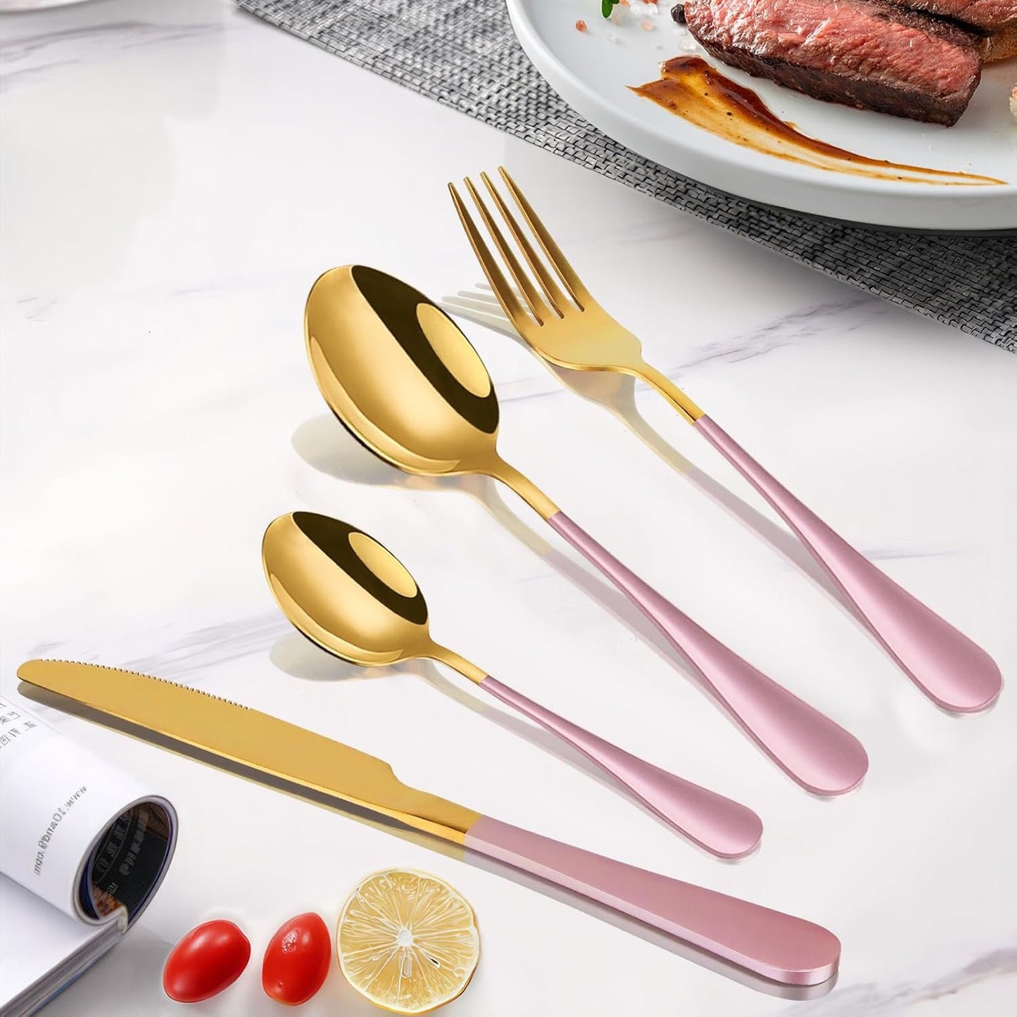 24-Piece Flatware Set with Organizer, Heavy Duty Stainless Steel Silverware for 6, Pink Cutlery Utensil Sets with Antiskid Handle, Rust-Proof Cutlery with Mirror Polished (Pink)