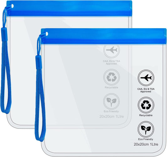 Clear Travel Toiletry Bag for Airport Security Liquids 20 x 20 cm TSA Approved Travel Accessories Makeup Bags and Holiday Accessories for Men and Women, 2 x Blue, airport travel liquid bag