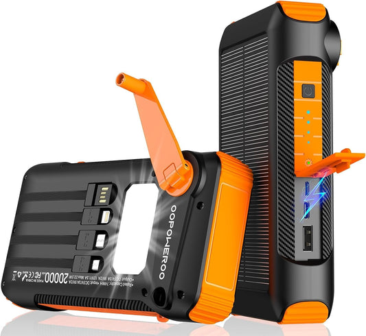 OOPOWEROO Solar Power Bank 20000mAh Built in Hand Crank and 4 Cables 22.5W Fast Charge Power Bank 5 Outputs & 5 Inputs Solar Portable Charger, SOS/Strobe/Strong Flashlights, Carabiner (Orange)