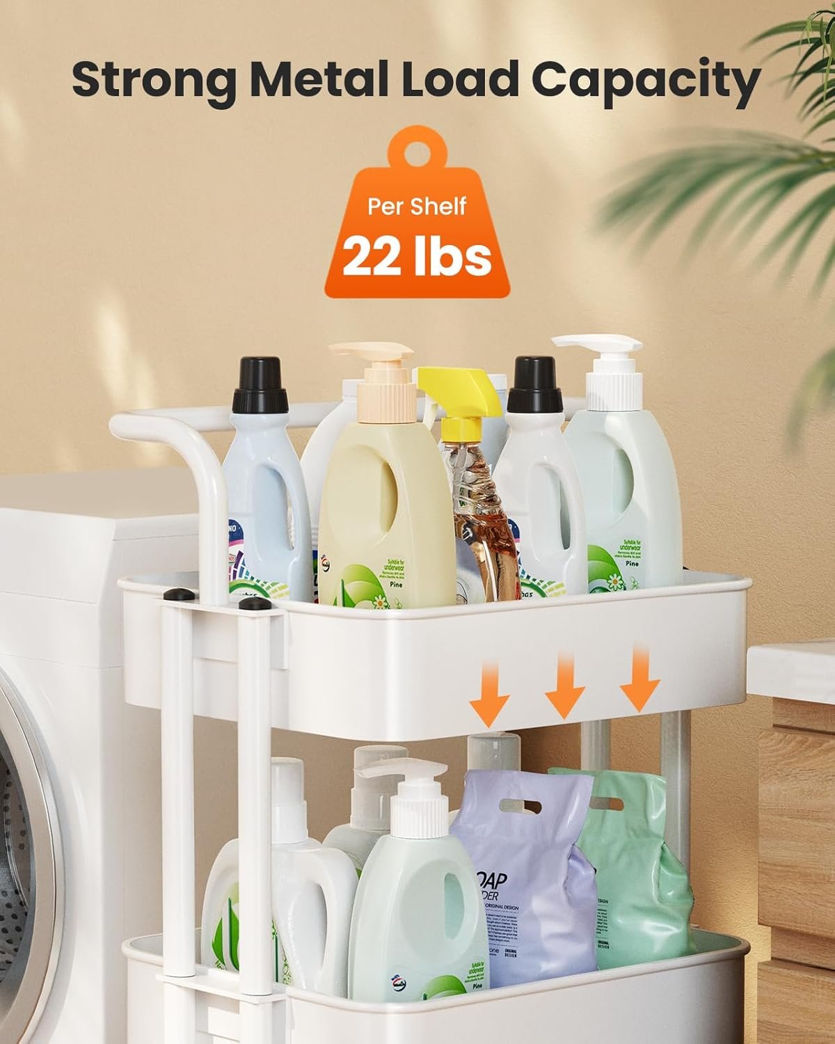 3-Tier Rolling Utility Cart, Multifunctional Metal Organization Storage Cart with 2 Lockable Wheels for Office, Home, Kitchen, Bedroom, Bathroom, Laundry Room by Pipishell (White)