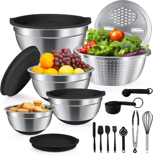 Stainless Steel Mixing Bowls with Lids–Nesting Set with Airtight Lids, Colander & Grater for Kitchen Prep, Cooking & Baking,Non-Slip|Bols à mélanger en Acier inoxydable, antidérapants,Black