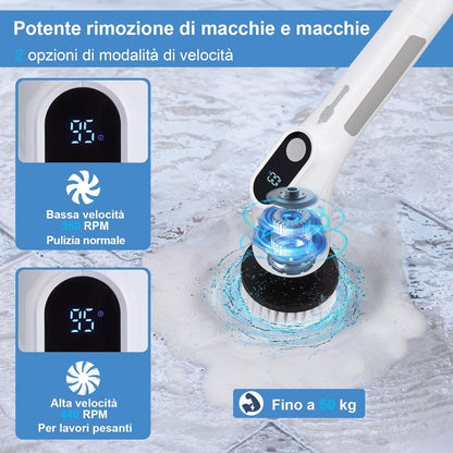 Fixm Electric Spin Scrubber, Cordless Shower Scrubber with Adjustable Extension Handle, Electric Cleaning Brush for Bathtub Kitchen Wall Cleaning, 2 Speeds with Display and 11 Replaceable Brush Heads