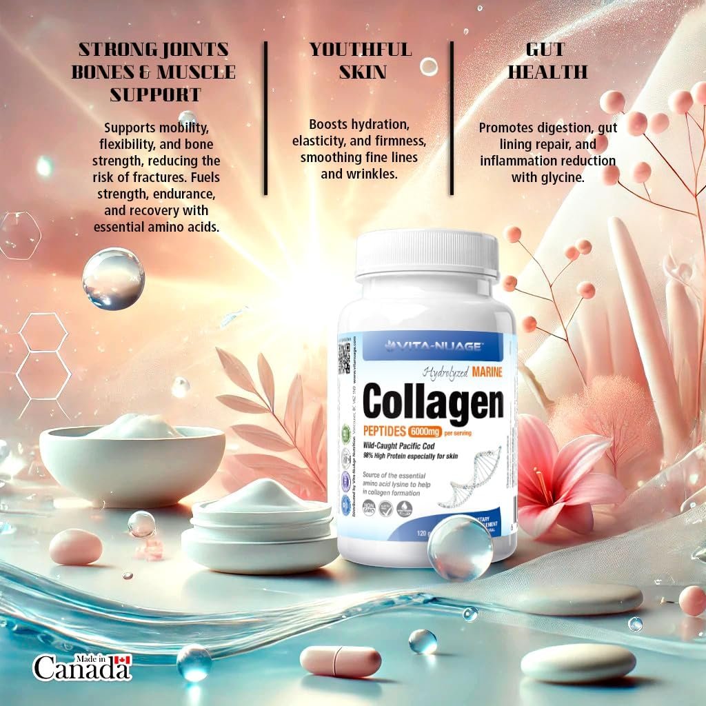 Vita-Nuage | Canada Brand | (2 PACK) Premium Marine Wild Fish Collagen 6000mg 90% High Protein Content 120 Count, 100% Pure Hydrolyzed Collagen
