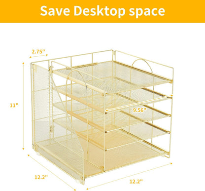 LEKETREE Desk Organizers and Accessories, 5-Tier Paper Letter Tray Organizer with File Holder, Desktop Organizer for Office Supplies, Office Desk Accessories & Workspace (Gold)