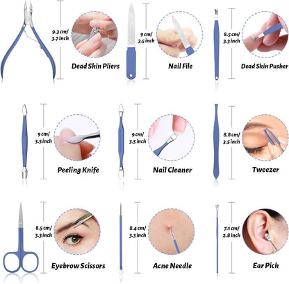 Sawanork Manicure Set, Nail Clippers Pedicure Kit, 16 Pieces Stainless Steel Manicure Kit, Personal Nail Care Tools, Professional Grooming Kits with Travel Leather Case for Thick Nails (Blue)