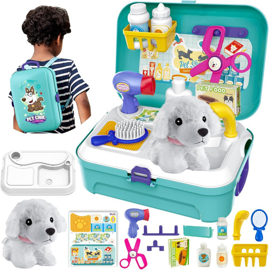 HERSITY Vet Toy Pet Care Kit Role Play Set Grooming Feeding Dog Animal Games Backpack Educational Toy for Kids 3 4 5 Years Old Girls Boys