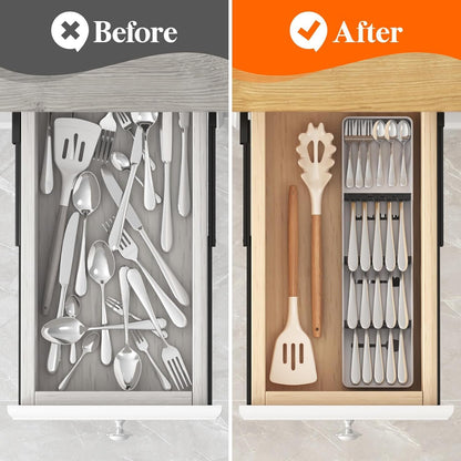 Lifewit Compact Flatware Drawer Organizer, Narrow Silverware Tray for Kitchen Drawers, Plastic Cutlery Holder for Spoons, Forks and Knives, Utensils Storage Organization, Gray