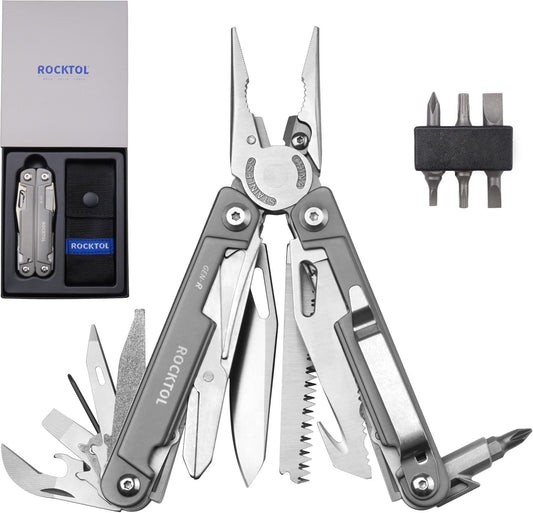 ROCKTOL Multitool Pliers, EDC Multitool Pocket Knife VG10 Blade, 27-in-1 Multi-Tool with Titanium-Plated Handle, Precision Screwdriver, Gut Hook for Hunting, Backpacking, Hiking, Camping, (Gen-R)