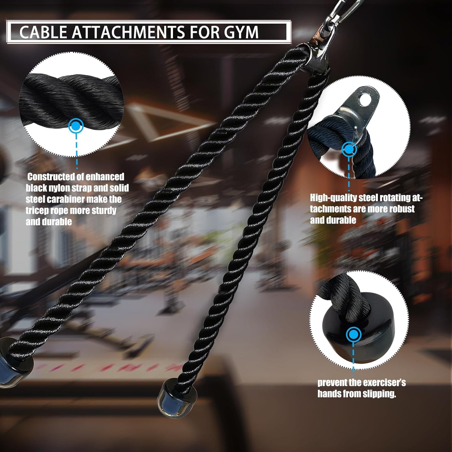 Long Tricep Rope, Rope Pull Down Attachment 47 55 63Inch Length Long, Tricep Rope Cable Attachment, Tricep Pull Down Rope for Home Gym Pulley System,Cable Machine Attachment