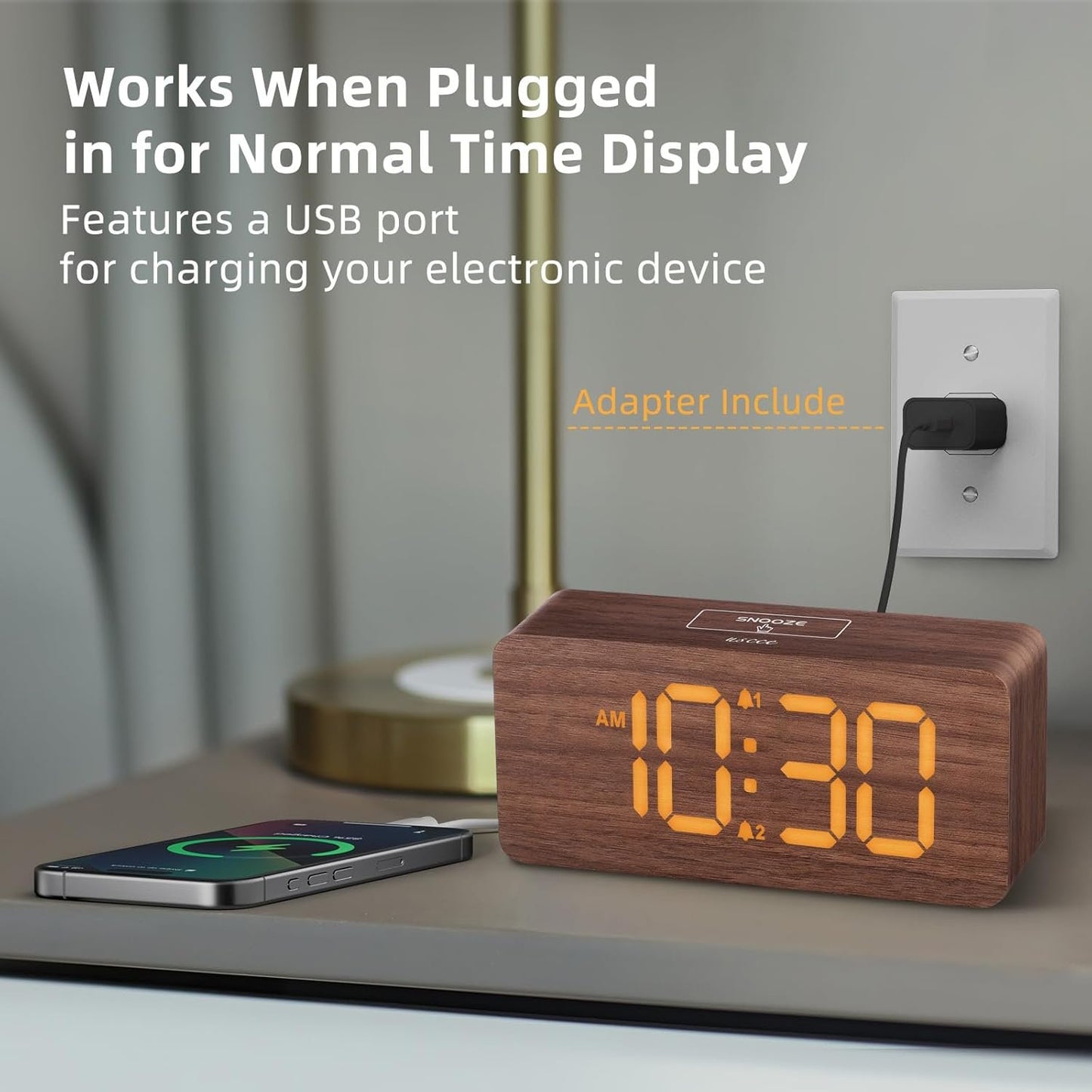 Wooden Digital Alarm Clocks for Bedrooms: Dimmable Dual Alarm Clock with Large Numbers for Bedside Desk - Brown