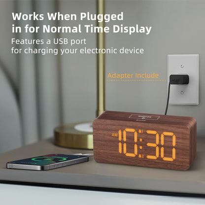 Wooden Digital Alarm Clocks for Bedrooms: Dimmable Dual Alarm Clock with Large Numbers for Bedside Desk - Brown