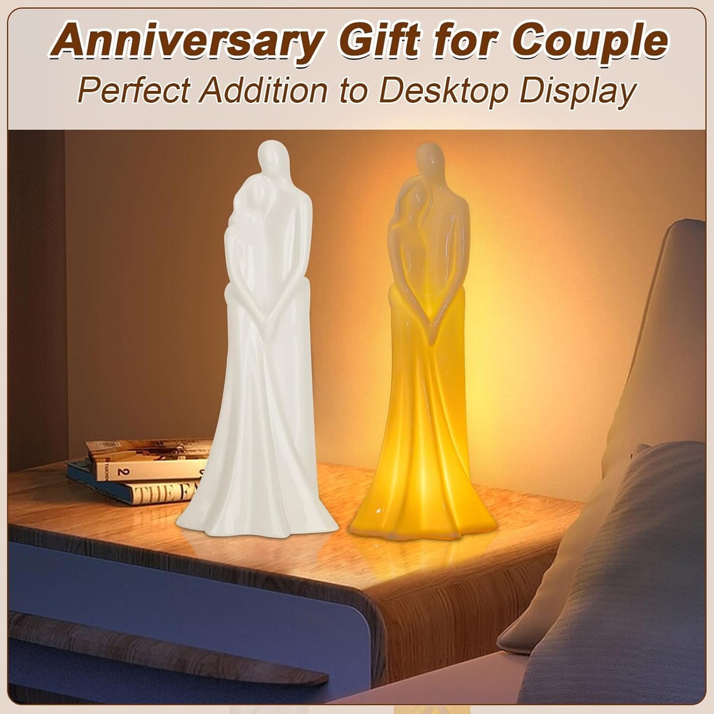 Porcelain Couple Sculpture Embracing Shape with Built-in LED Lights - Elegant Wedding/Anniversary/Engagement Gift, Romantic Home Decor, Couple Statue for Tabletop, Bedroom & Living Room Display