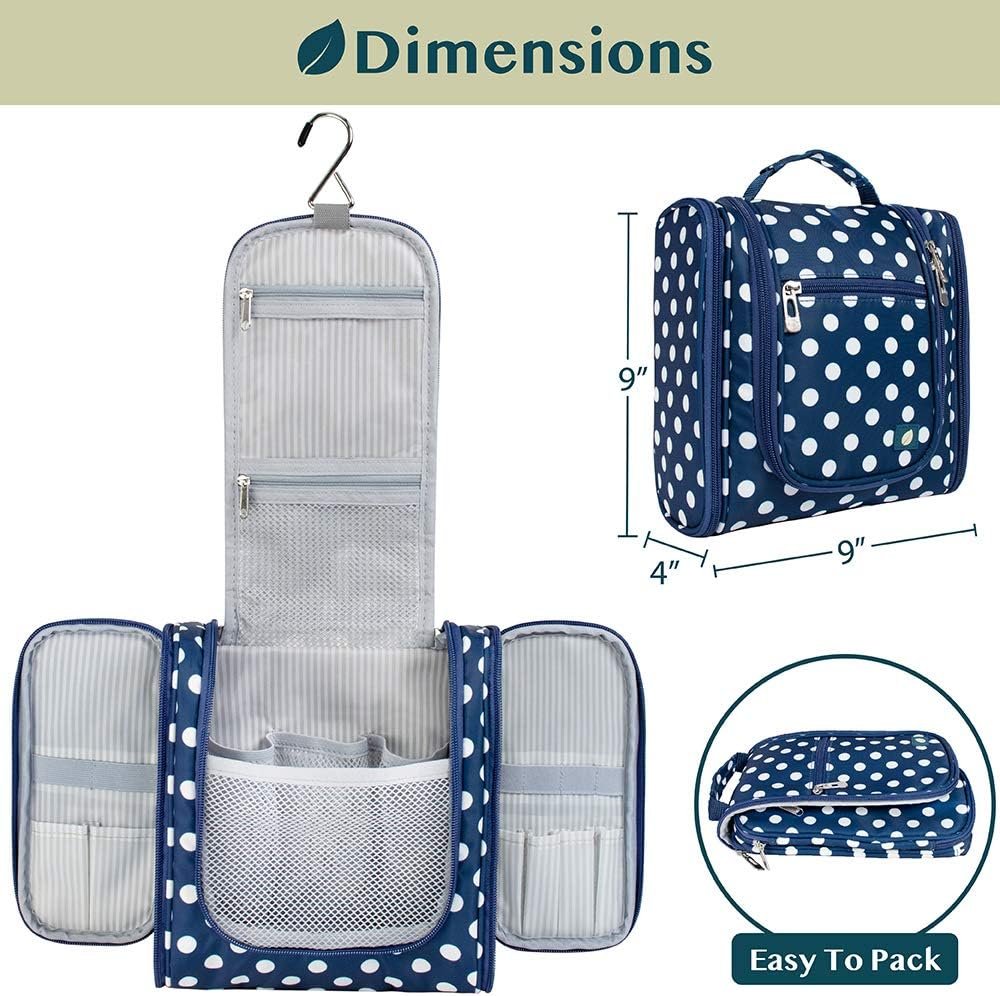 PAVILIA Toiletry Bag Travel Bag for Women Men, Hanging Cosmetic Organizer, Water Resistant Makeup Bag for Accessories Toiletries, Large Travel Essentials Kit (Navy Polka Dot)