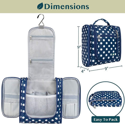 PAVILIA Toiletry Bag Travel Bag for Women Men, Hanging Cosmetic Organizer, Water Resistant Makeup Bag for Accessories Toiletries, Large Travel Essentials Kit (Navy Polka Dot)