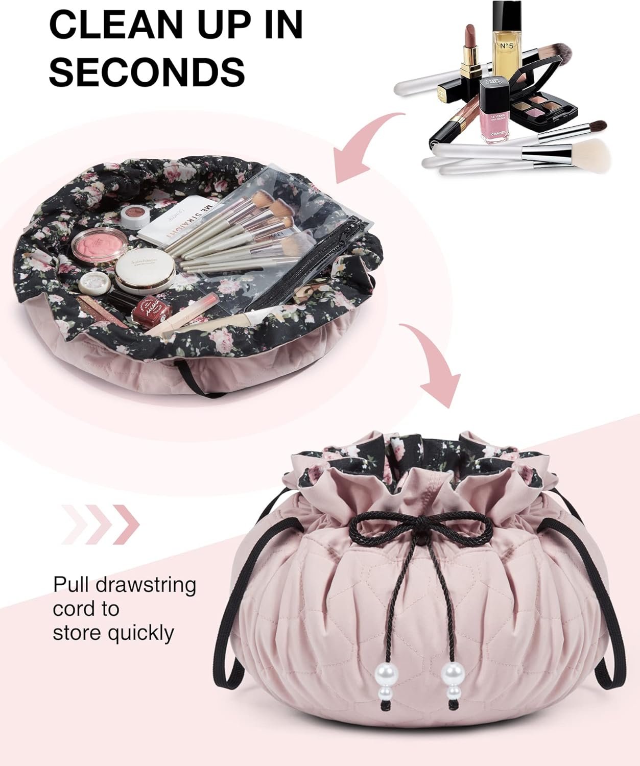 BAGSMART Drawstring Makeup Bag, Cosmetic Bag Travel Makeup Organizer Case with Clear Pouch Set, Portable Make Up Bags for Women Toiletries Accessories Brush,Pink,Large