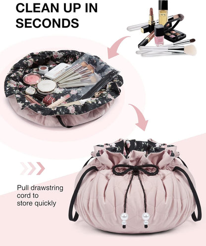 BAGSMART Drawstring Makeup Bag, Cosmetic Bag Travel Makeup Organizer Case with Clear Pouch Set, Portable Make Up Bags for Women Toiletries Accessories Brush,Pink,Large