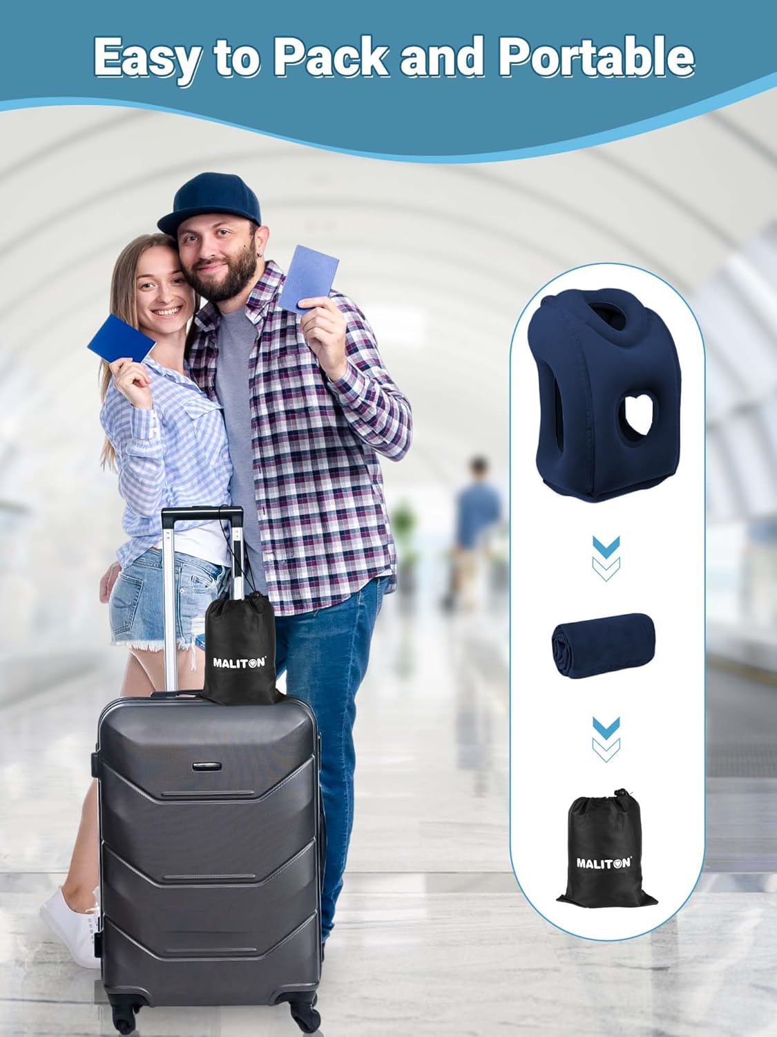 Maliton Travel Pillow, Neck Pillow, Aeroplane Inflatable, Foldable, Portable, Comfort Travel Pillow, Supports the Head and Protect the Cervical Spine, Neck Pillow for Airplanes, Trains, Drives, Blue