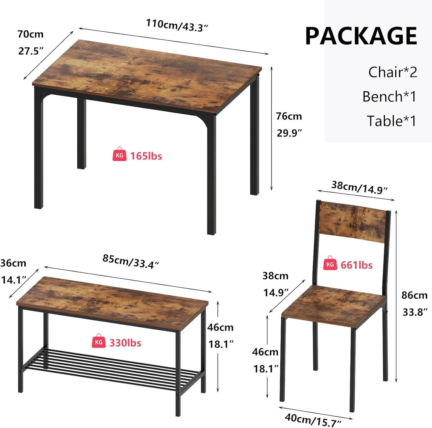 SDHYL Dining Table Set, Two Chairs and One Bench 4 Pieces Set Wooden Table Top with Metal Legs for Breakfast in Living Room, Kitchen Room, Dining Room,Space Saving Kitchen Table Set, Rustic Brown