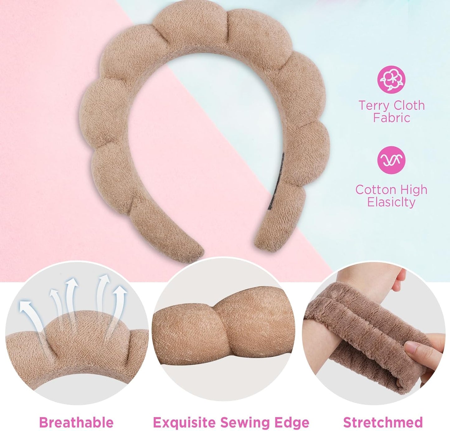 WD&CD Spa Makeup Headband Set, Headband Skincare Headband for Woman, Face Wash Wristband and Scrunchies For Hair, Brown