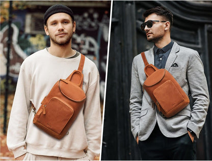 S-ZONE Sling Bag for Women Men Genuine Leather Vintage Crossbody Chest Bags Backpack Daypack Outdoor Travel