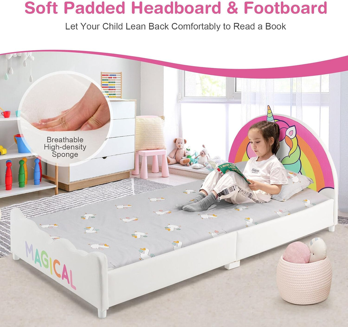 HONEY JOY Single Bed Frames for Kids, Wood Upholstered Twin Bed Platform with Slat Support, Padded Headboard & Footboard, Girls & Boys Bed for Over 3 Years Old, Fits Standard Twin Mattress (Rainbow)